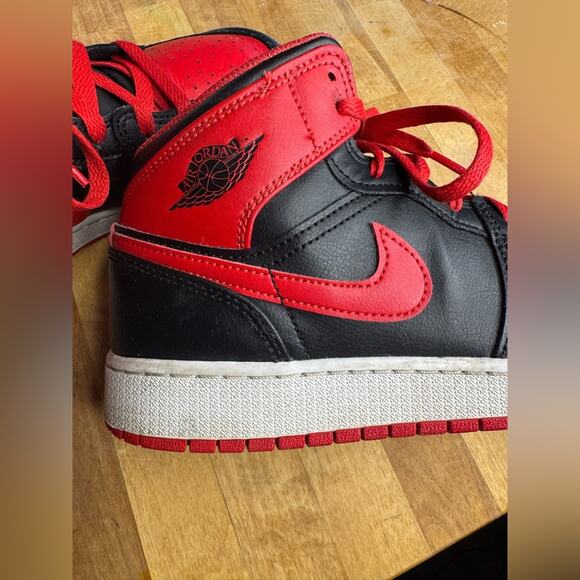 Air Jordan 1 Mid Black and Fire Red High Tops - Picture 6 of 7